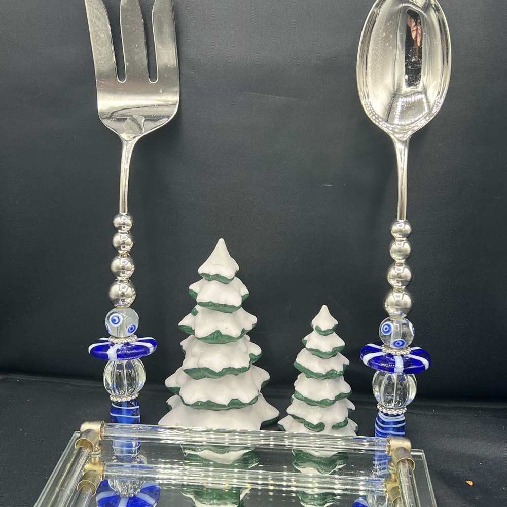 Vintage Murano Clear and Blue Beaded Glass Handle Salad Server Set